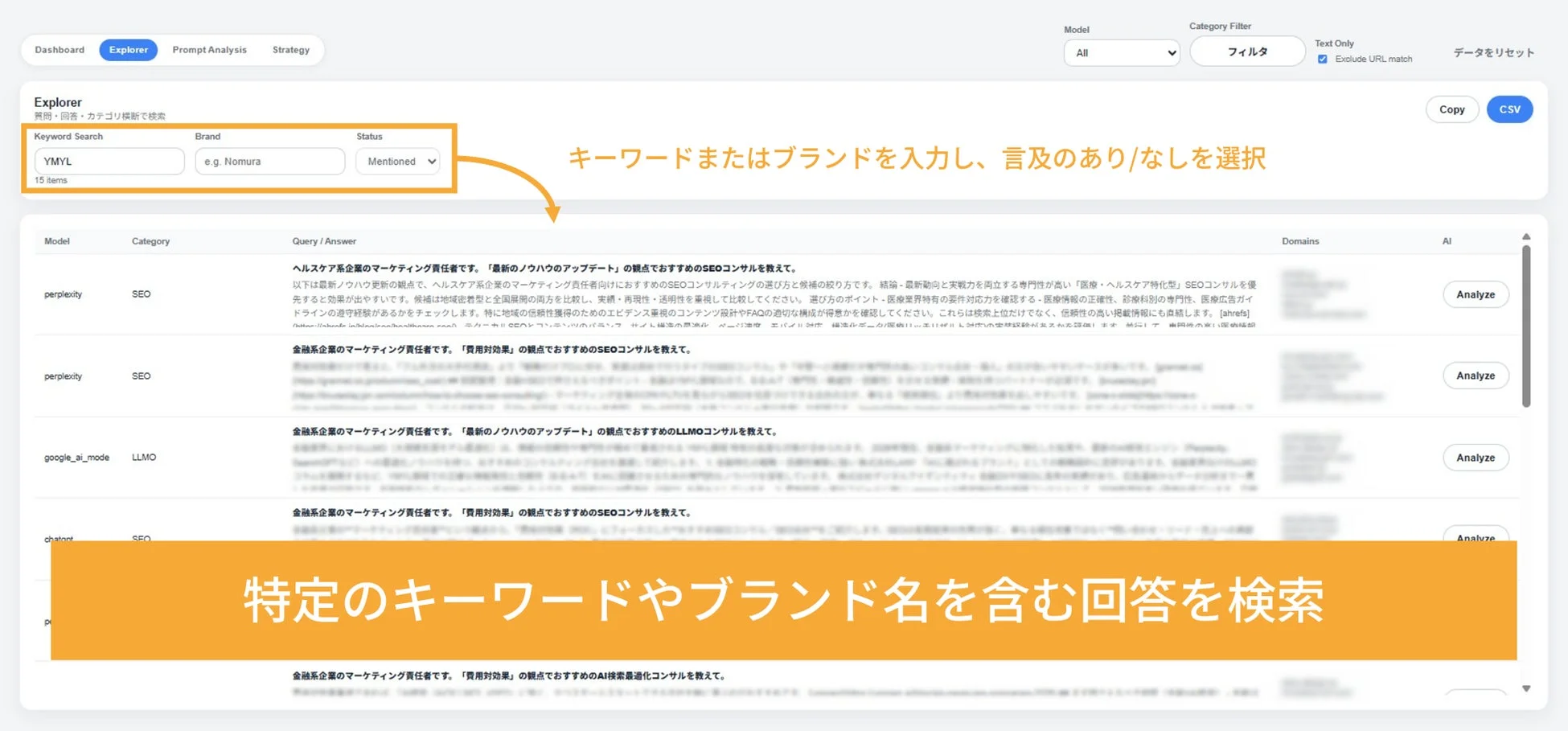 質問と回答を検索・分析するウェブアプリの画面